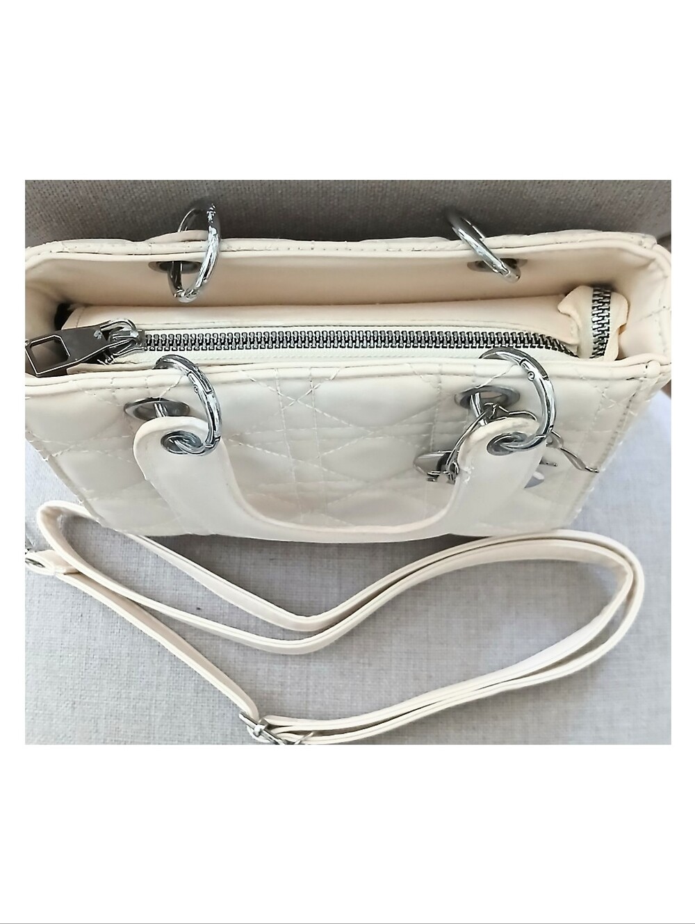Mini Cream Quilted Top-Handle Bag with Silver Hardware Initials - Picture 4 of 6